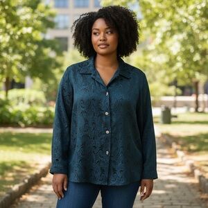 SAG HARBOR sz 16W Shacket Jacket Soft! Jacquard Tapestry Blue over Black